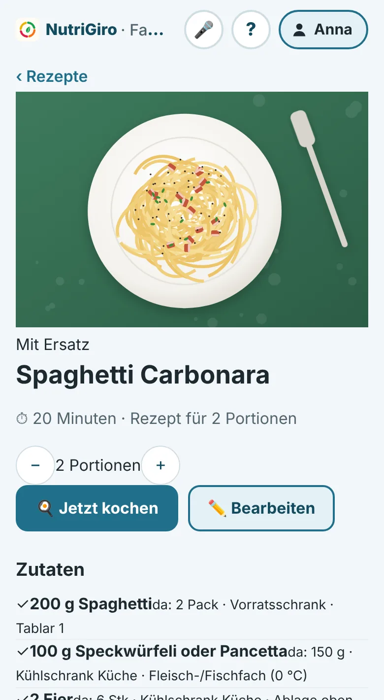Rezeptansicht in NutriGiro